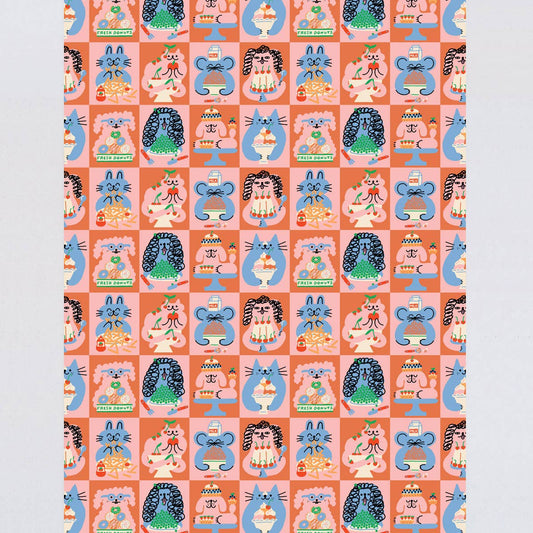 Patterned paper with cartoon characters on a pink background