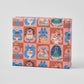 Packaging with a colorful pattern of cartoon animals and objects on a white background
