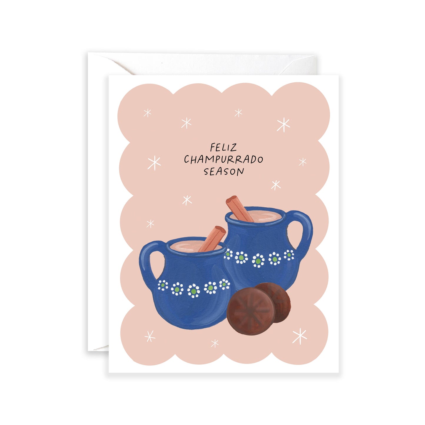 Holiday greeting card with two mugs of champurrado, each with a cinnamon stick inside. Text above reads "Feliz champurrado season" 