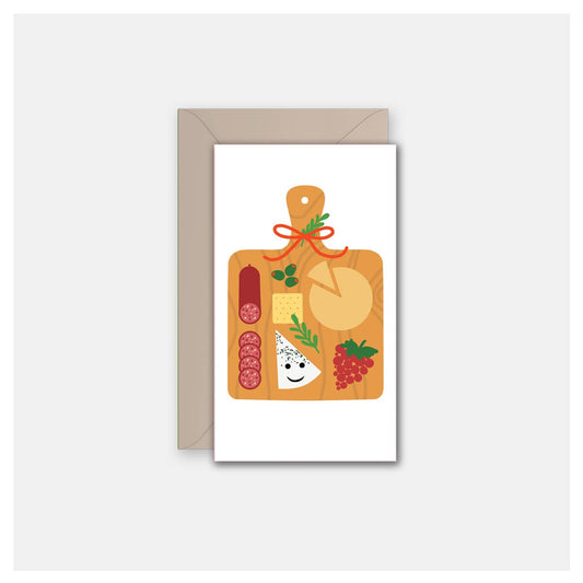 mini note/greeting card with illustration of a charcuterie board with meats, cheese and fruits on it 