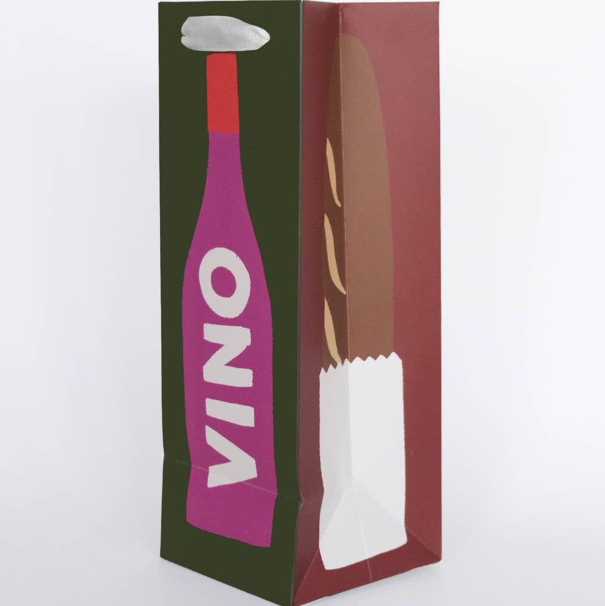 Wine bottle designed gift bag with a purple bottle and green label on a white background