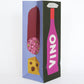 Colorful packaging with a bottle, sausage, and cheese illustration on a white background