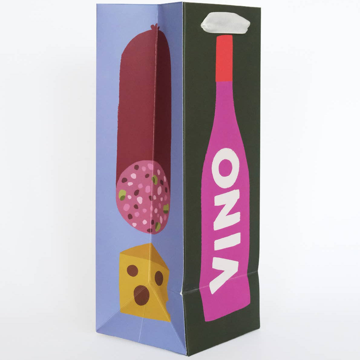 Colorful packaging with a bottle, sausage, and cheese illustration on a white background
