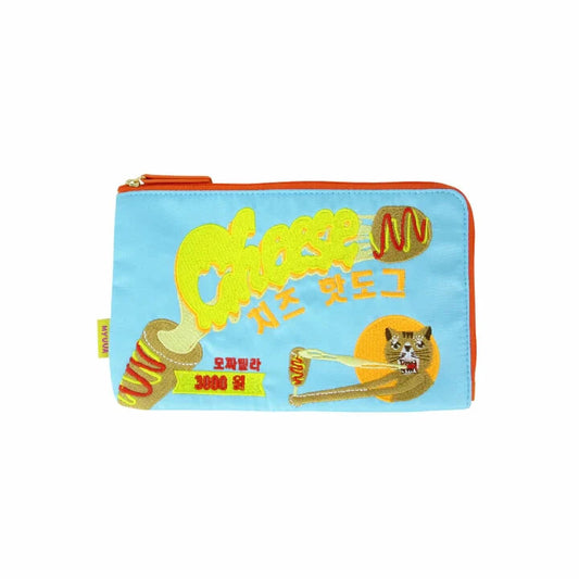 Baby blue pouch with a cat eating a cheese corndog. Text reads Cheese with korean text underneath.