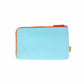 Backside of pouch. Pouch is baby blue with an orange zipper.