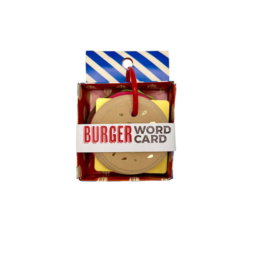 Index cards that look like a cheese burger with a red plastic ring in a stripe box.