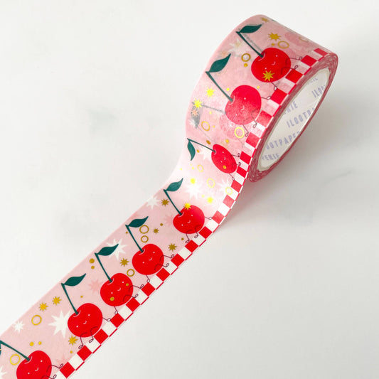 pink washi tape with gold foil accents and red cherries on it 