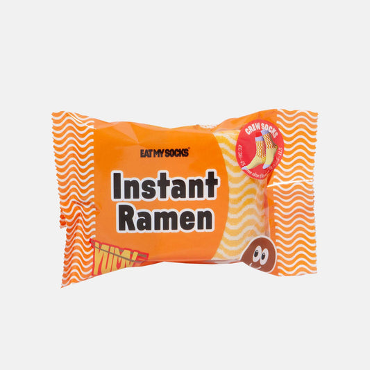 Packaged instant ramen noodles socks with a brand logo on an orange background