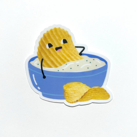 Cartoon-style potato chips in a bowl of dip with a smiling face on a light gray background