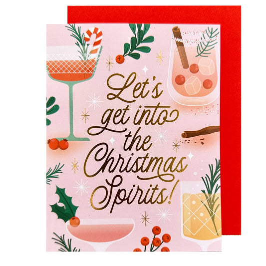 Greeting card with Christmas-themed cocktails and text 'Let's get into the Christmas Spirits!' on a pink background.