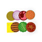 8 piece cheese burger coaster set includes 2 buns, meat patty, bacon, cheese, lettuce, tomato, onion.