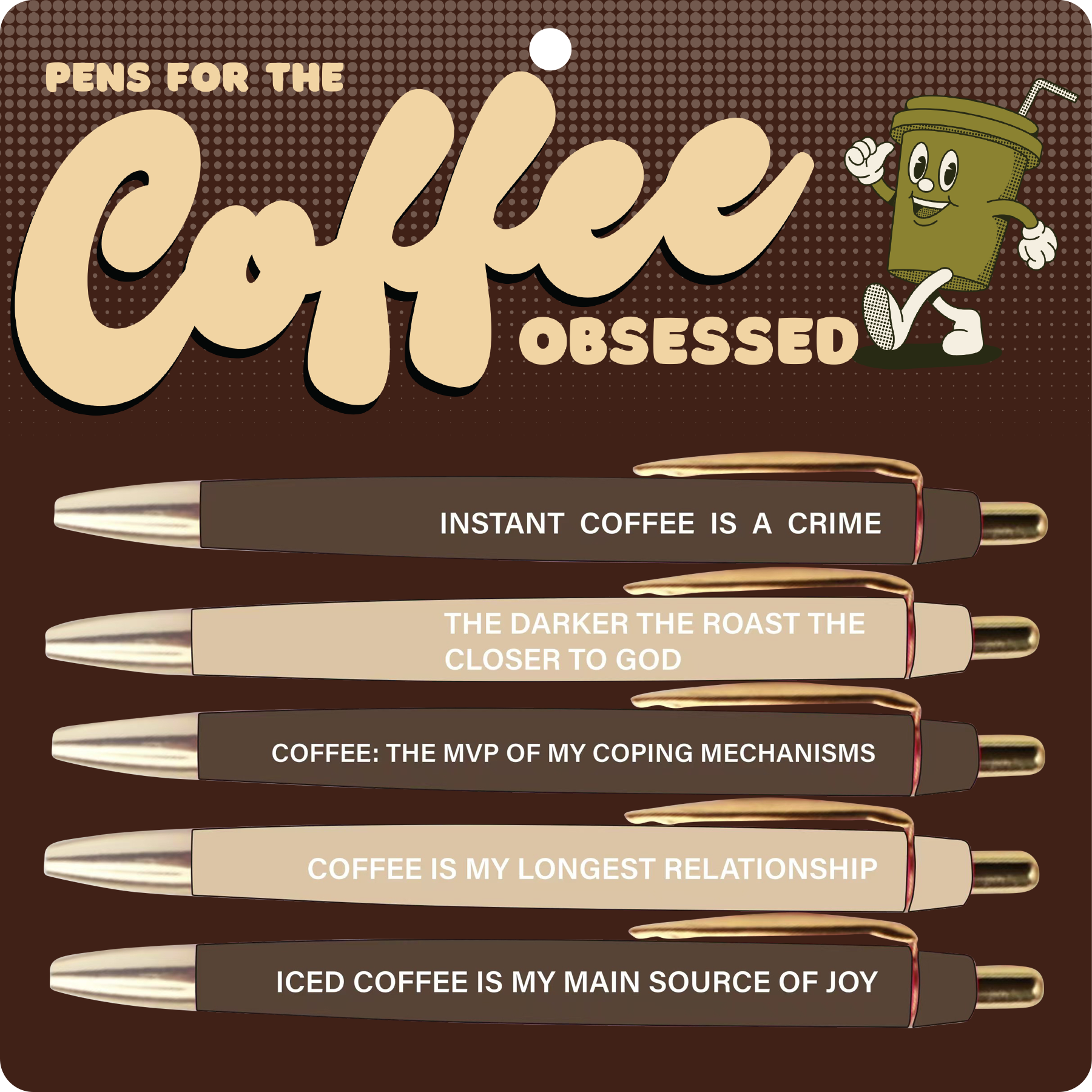 Set of coffee themed ballpoint pens each with text referencing coffee