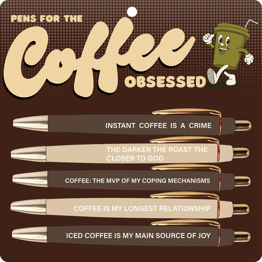 Set of coffee themed ballpoint pens each with text referencing coffee