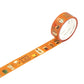 Coffee Washi tape with a mid-mod appearance on rust-colored backdrop. Featuring different coffee making mechanisms and cups. Tape is pulled out to reveal design.