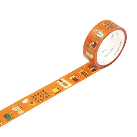 Coffee Washi tape with a mid-mod appearance on rust-colored backdrop. Featuring different coffee making mechanisms and cups. Tape is pulled out to reveal design.