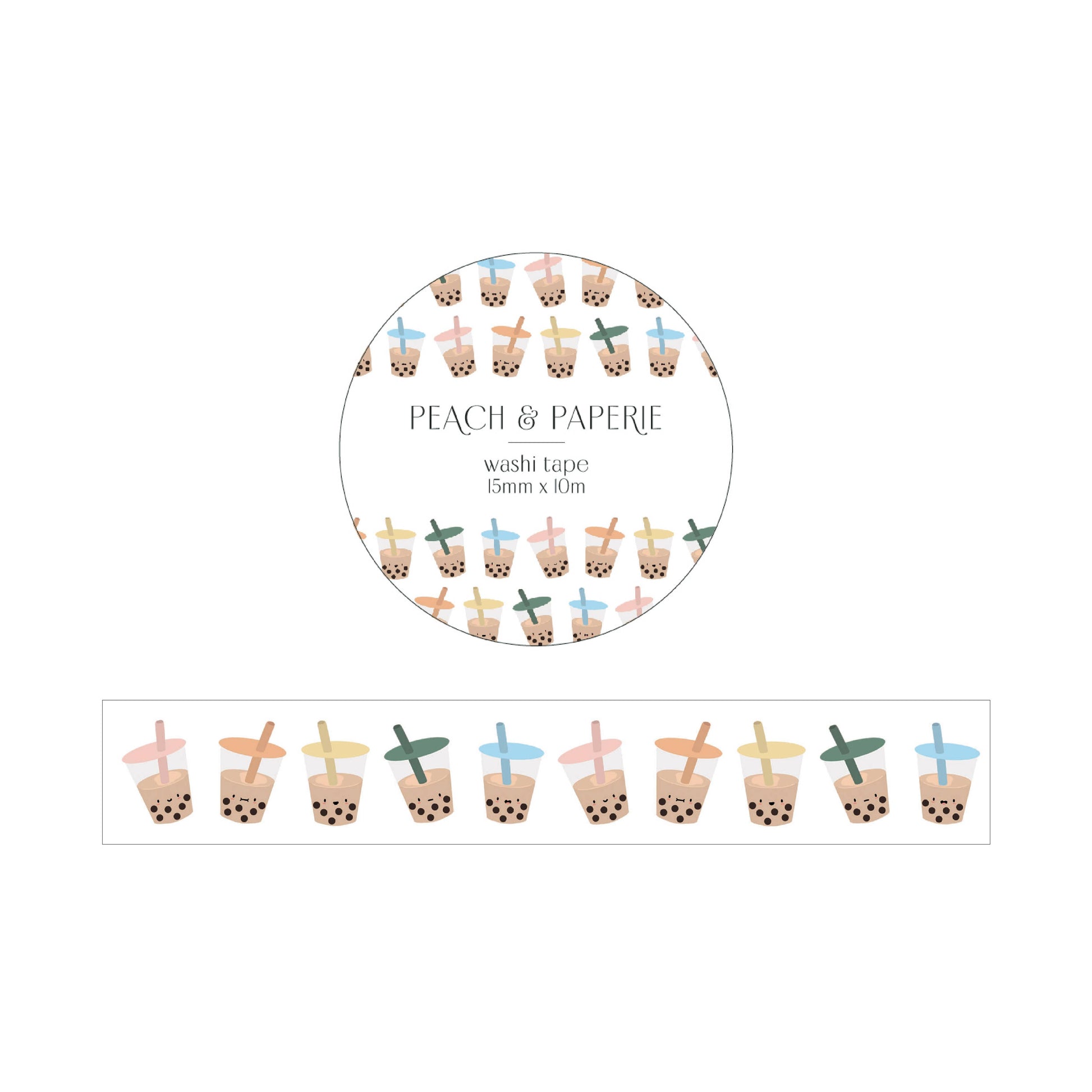 washi tape with white background and boba cups with different colored lids and straws