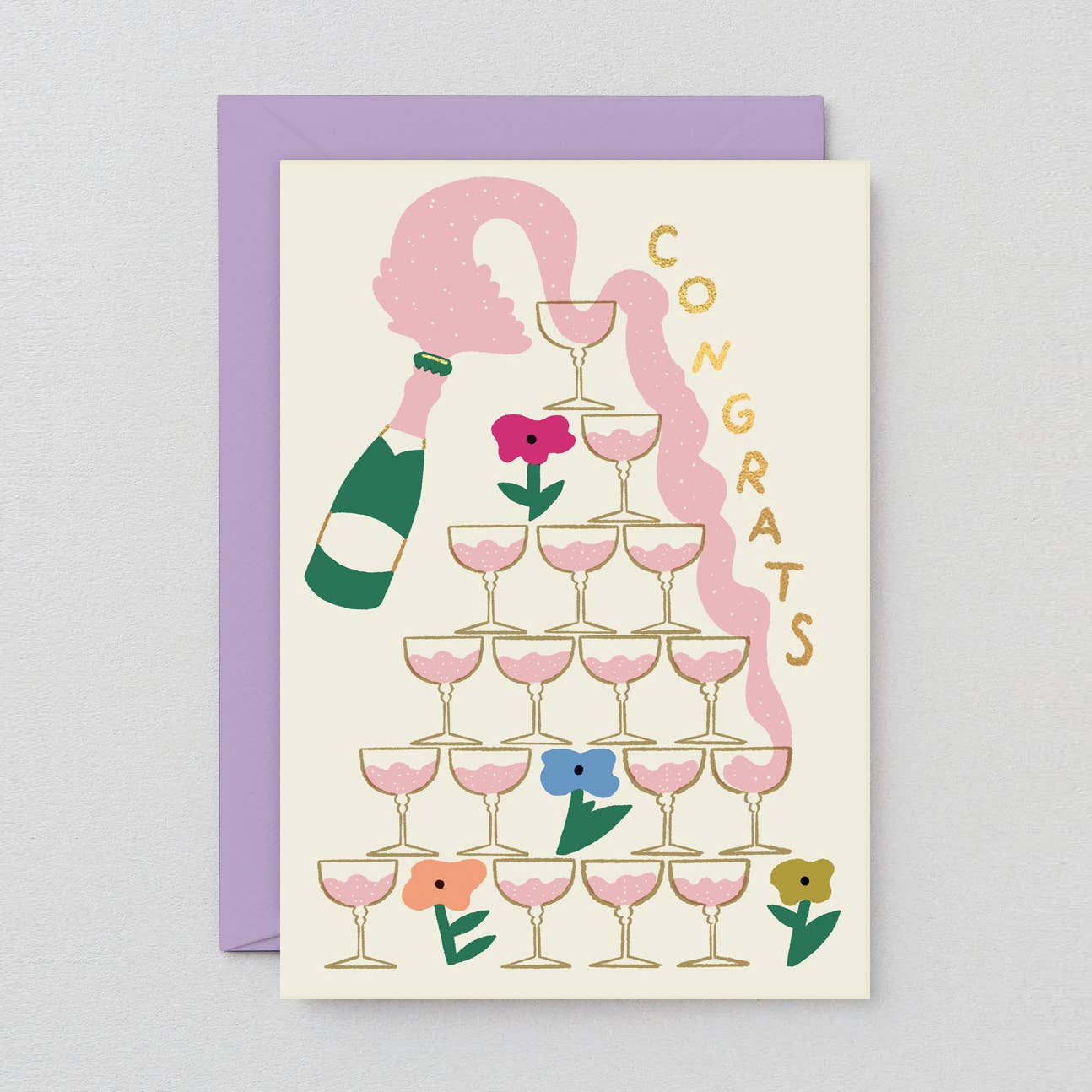 congratulatory greeting card with illustration of a champagne tower filled with pink liquid