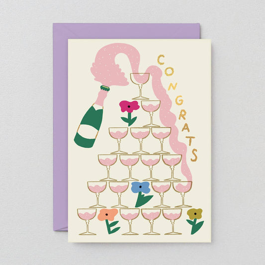 congratulatory greeting card with illustration of a champagne tower filled with pink liquid