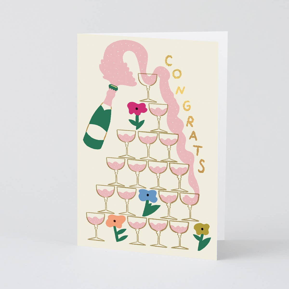 Greeting card with champagne bottle, glasses, and flowers on a beige background