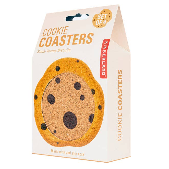 Kikkerland cookie coasters packaging on a white background