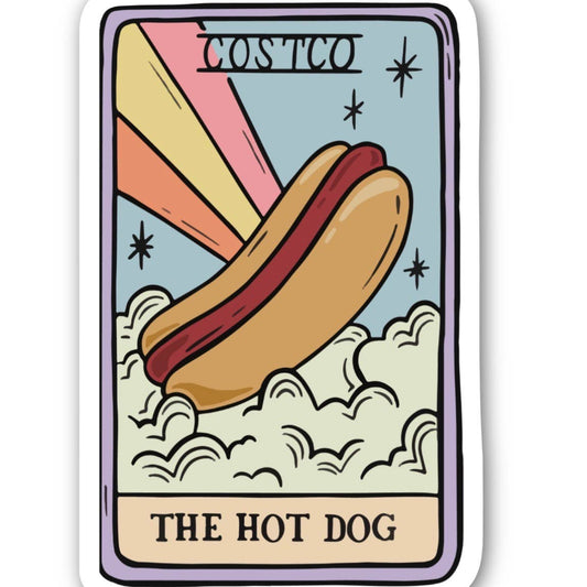 Costco branded hot dog tarot card graphic sticker on a white background