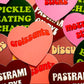 Heart-shaped stickers with various food-related text on a colorful background