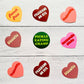 Heart-shaped stickers with various text on a wooden surface