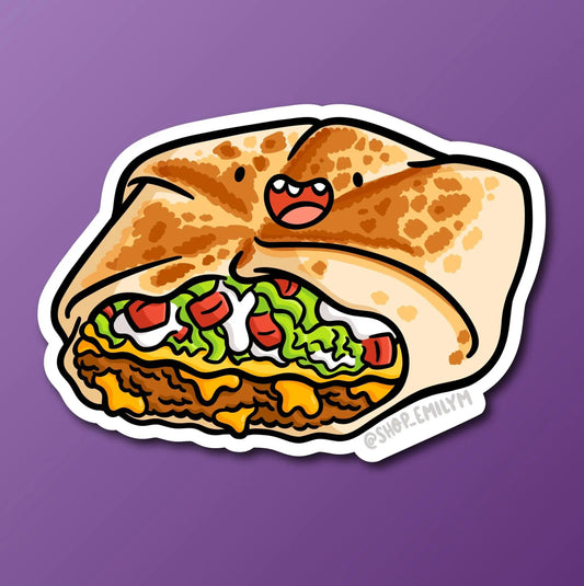 A die-cut sticker featuring a cute cartoon illustration of a crunchwrap supreme on a solid purple background. The sticker has a white border and a small artist signature '@shop_emily14' printed on the bottom right.