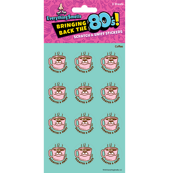 Packaging of scratch and sniff stickers with coffee-themed designs on a teal background.