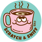 Cartoon pink coffee mug with eyes and a smile on a teal background, featuring 'Scratch & Sniff' text.