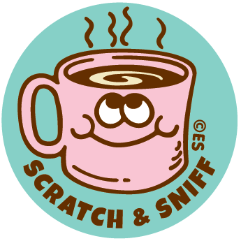Cartoon pink coffee mug with eyes and a smile on a teal background, featuring 'Scratch & Sniff' text.