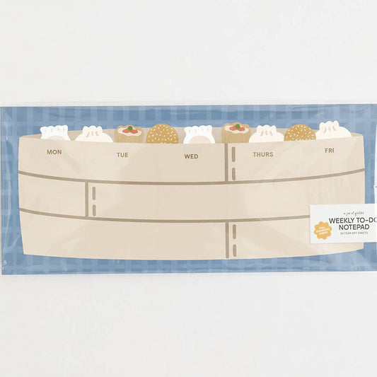 weekly planner with a design of a steamer basket filled with various dim sum foods 