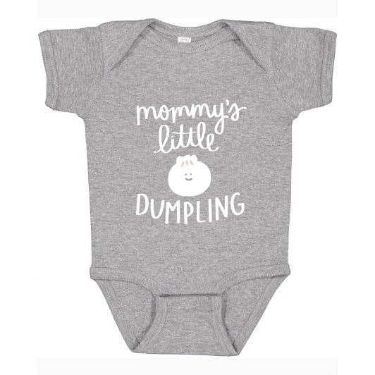 Heather grey baby onesie with white text that reads: Mommy's LIttle Dumpling. Image of a smiling dumpling.