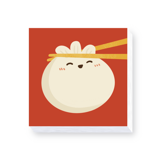 Cartoon dumpling with chopsticks on a red background. Sticky note pad