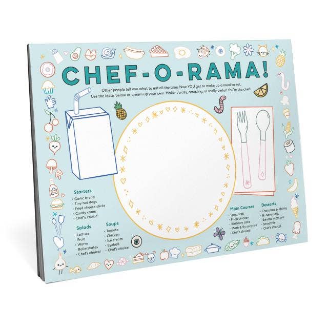 Children's activity placemats titled 'Chef-O-Rama' with illustrations of food and kitchen items on a light blue background.