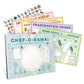 A children's educational puzzle game activity sheets set titled 'Chef-O-Rama!' shown with several colorful illustrated placemat sheets and sticker sheets on a white background.