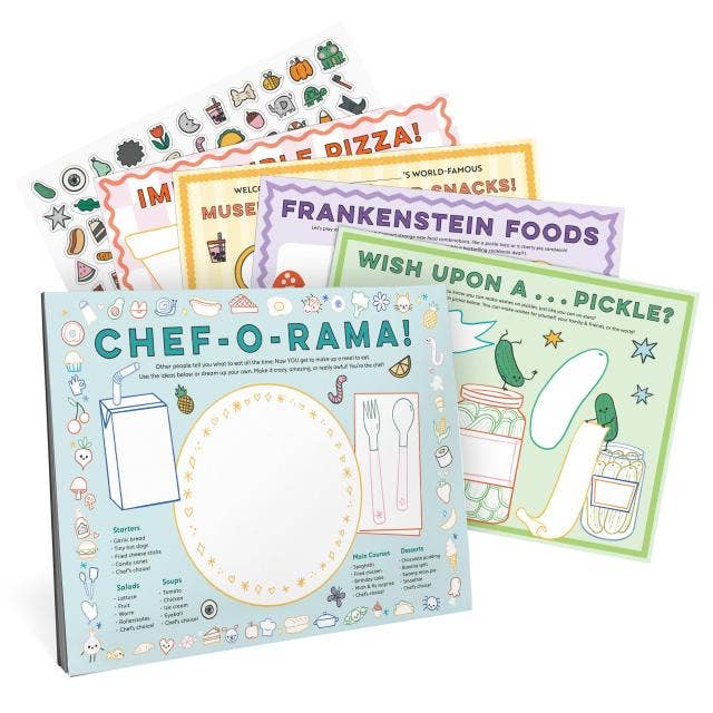 A children's educational puzzle game activity sheets set titled 'Chef-O-Rama!' shown with several colorful illustrated placemat sheets and sticker sheets on a white background.