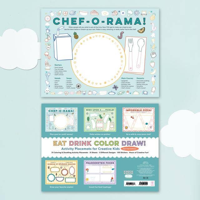 CHEF-O-RAMA! activity placemats for creative kids on a light blue background