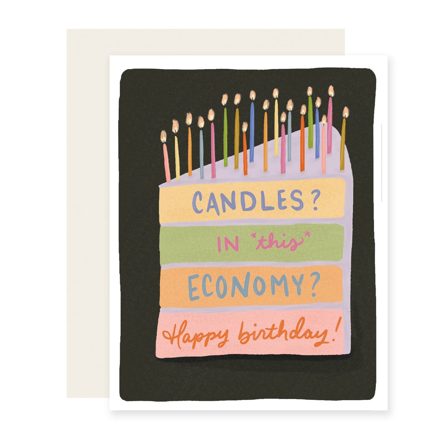 Birthday card with candles and humorous text on a black background