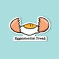 A die-cut sticker featuring a cartoon cracked egg with the text 'Eggsistential Dread' underneath, shown on a solid light blue background.