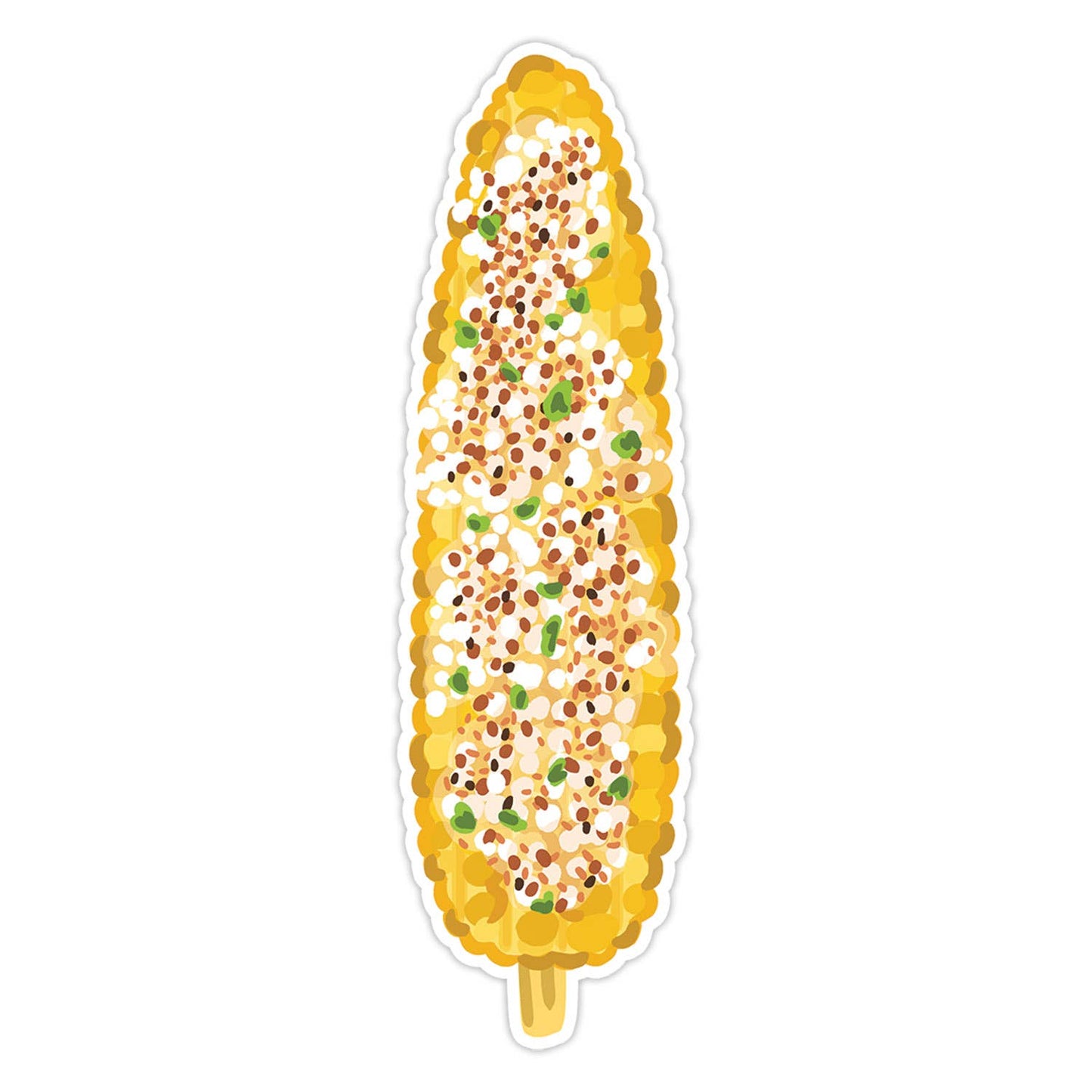 A die-cut sticker depicting a grilled corn cob with cotija cheese and tajin, shown on a plain white background.