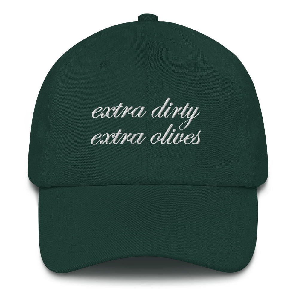 Green hat with script text that reads: extra dirty extra olives