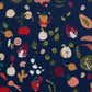 Details of dark blue apron with a design pattern of a variety of colorful produce with brown neck and waist straps