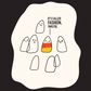 A minimalist cartoon graphic on a cream irregular shape against a black background. The illustration shows several simple ghost-like figures, with one central figure colored in yellow, orange, and white like a candy corn, and text that reads, 'IT'S CALLED FASHION, SWEETIE.