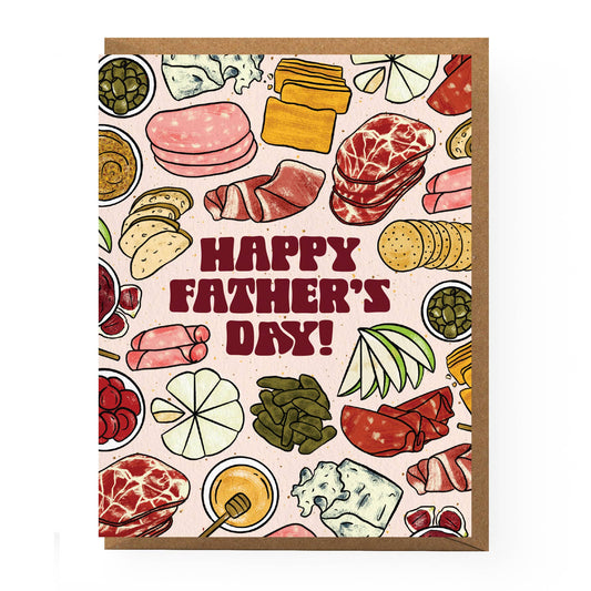 Happy Father's Day card features an illustrated pattern of cheese, meats, olives, pickles and fruit.