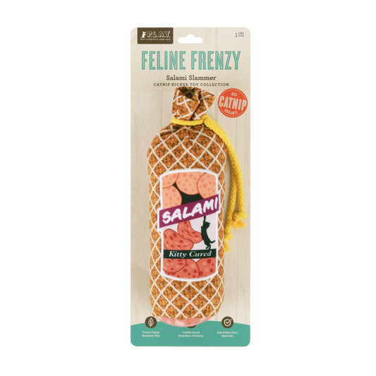 Catnip toy packaging labeled 'Feline Frenzy' with a salami design on a white background.