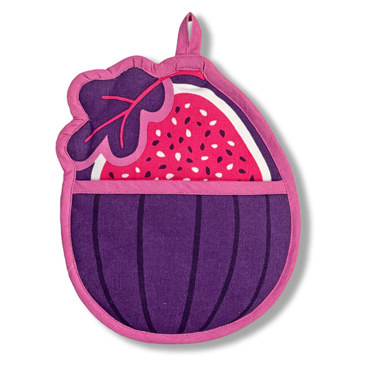 Pink and purple potholder shaped like a fig on a white background