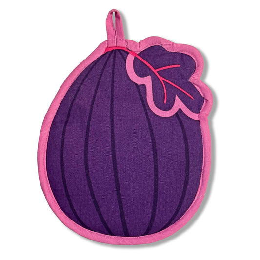 Purple fig-shaped pot holder with pink border on a white background