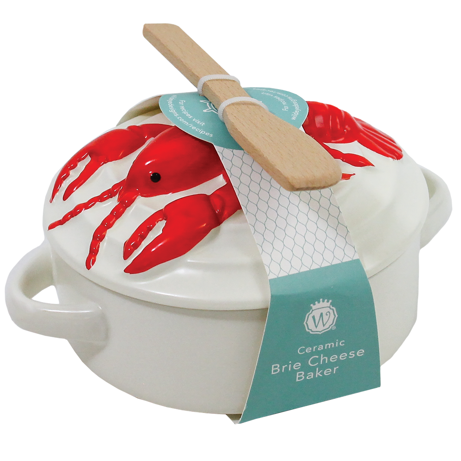 White ceramic Brie cheese baker with a lid decorated with red lobster illustrations, featuring a wooden spatula resting on top and a teal paper tag.
