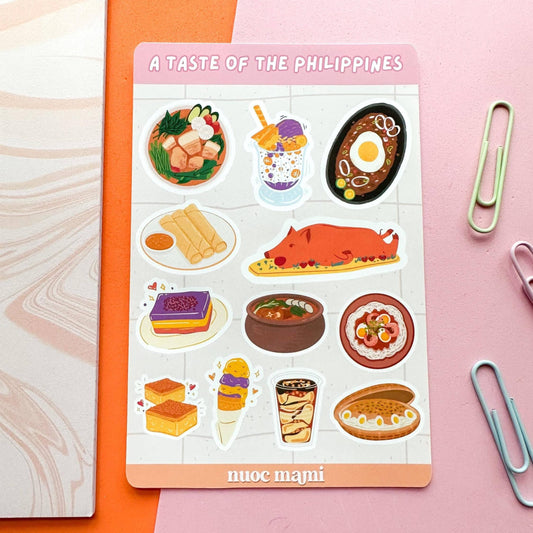 Sheet of stickers featuring illustrations of a variety of Filipino food on a pink background with 'A Taste of the Philippines' text.